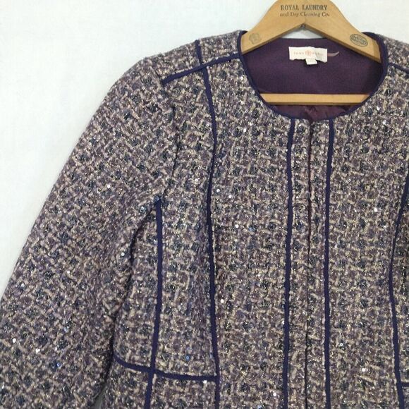 Tory Burch Kennedy Metallic Tweed Jacket Size 12 Purple Plum Sequin Shimmer - Picture 3 of 11